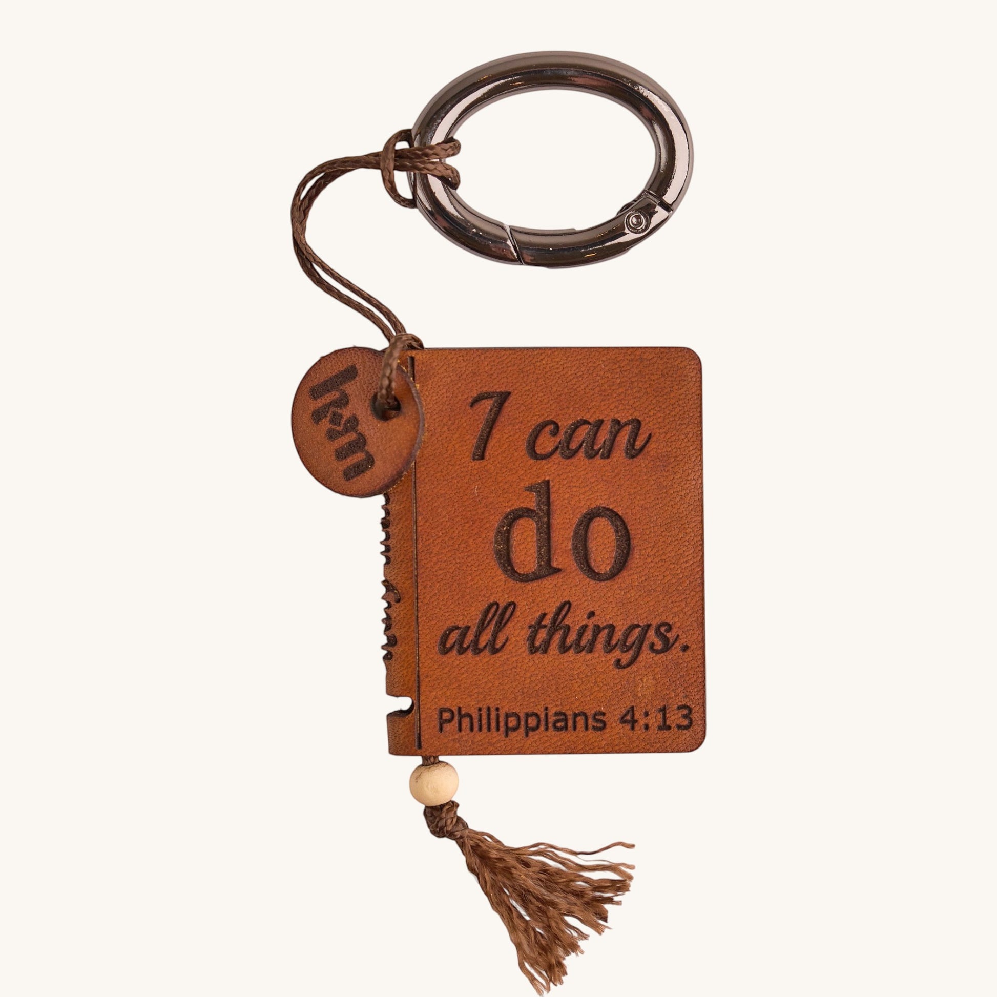 Holy Matters vegetable-tanned leather mini Bible keepsake keychain with Philippians 4:13 engraving and tassel