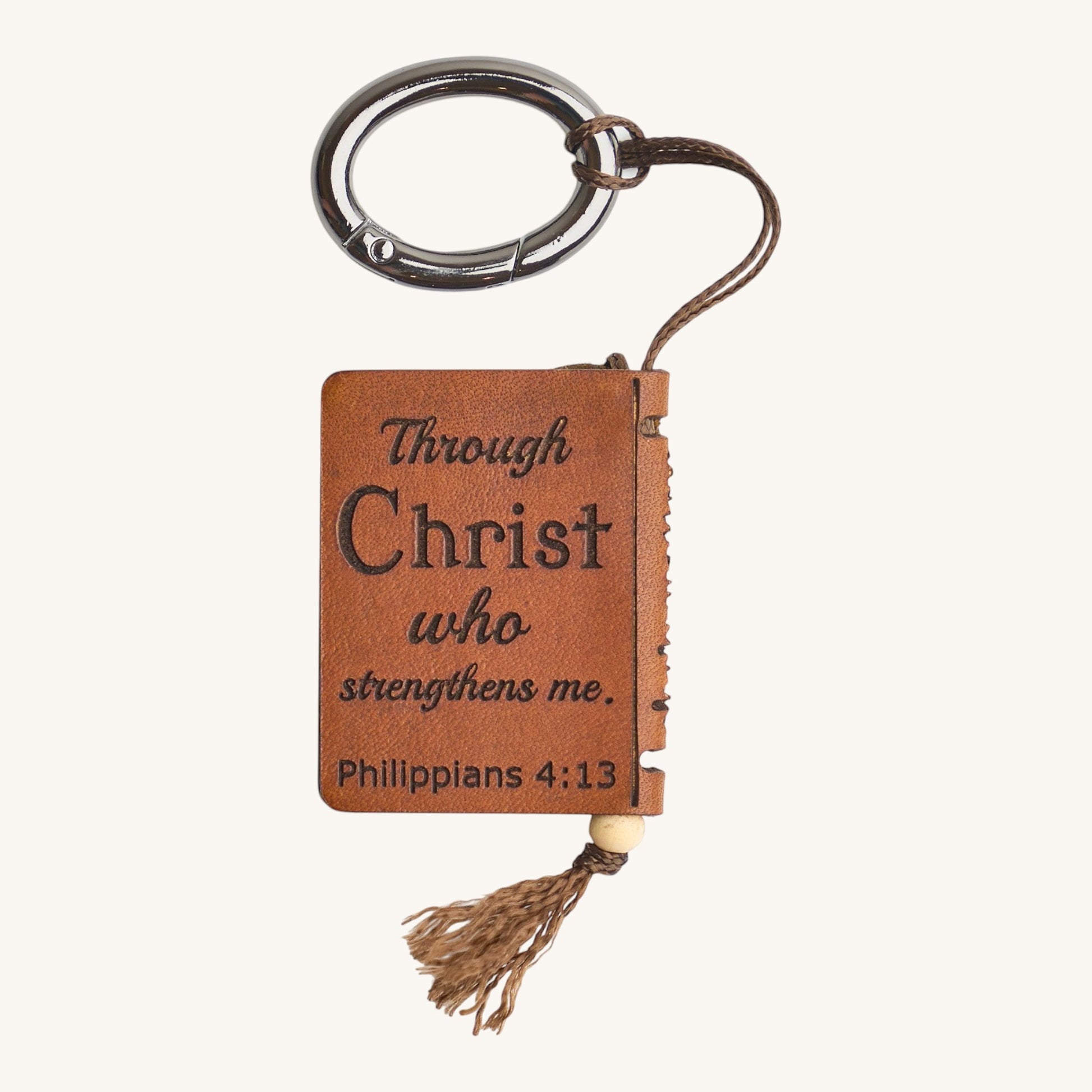 Holy Matters vegetable-tanned leather mini Bible keepsake with Philippians 4:13 scripture engraving and metal ring