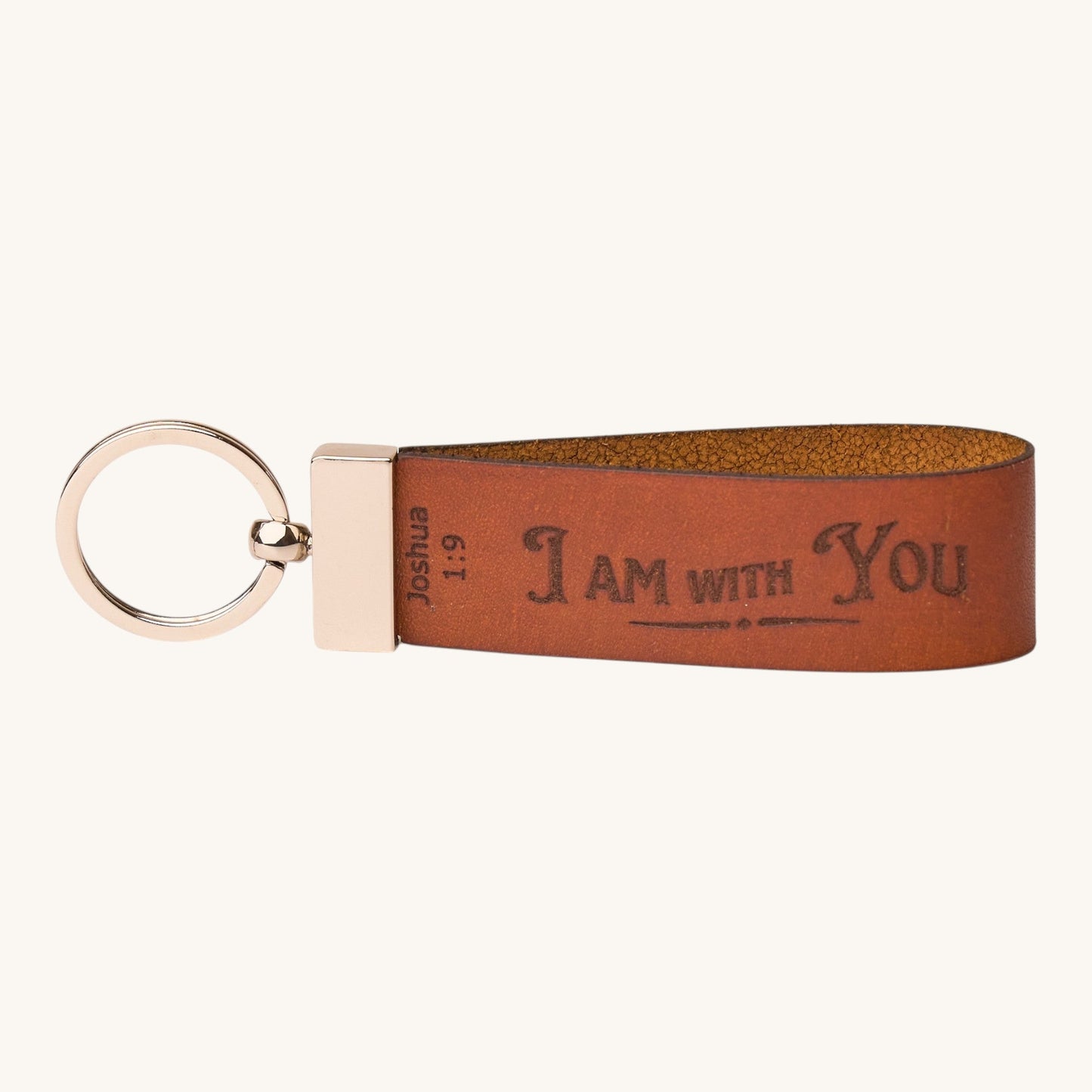 Holy Matters vegetable-tanned brown leather keychain engraved with Joshua 1:9 I am with you text and silver ring