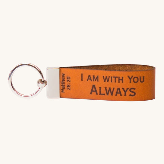 Holy Matters vegetable-tanned leather keychain engraved with Matthew 28:20 I am with you always scripture