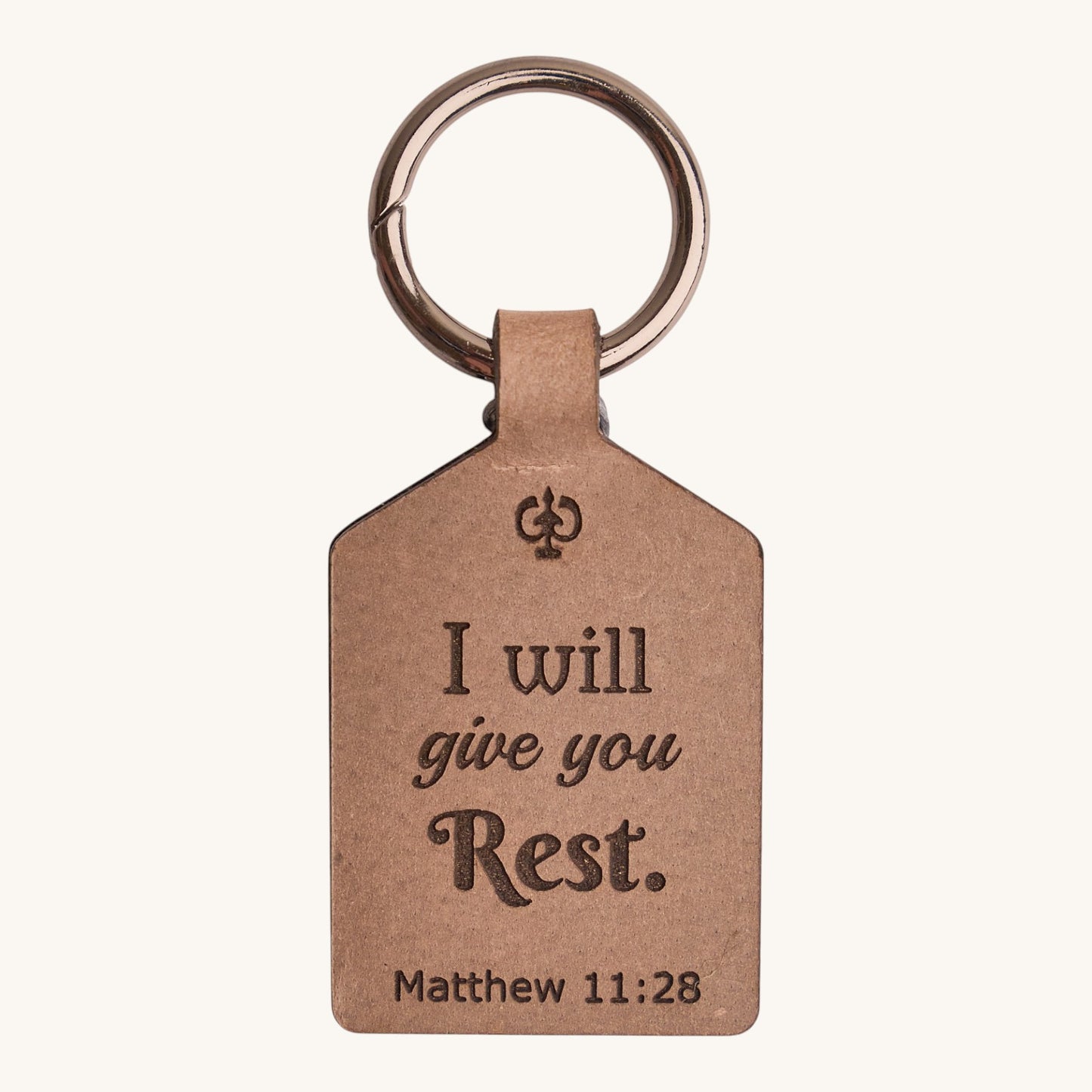 Holy Matters vegetable-tanned leather tag keychain engraved with Matthew 11:28 scripture I will give you rest