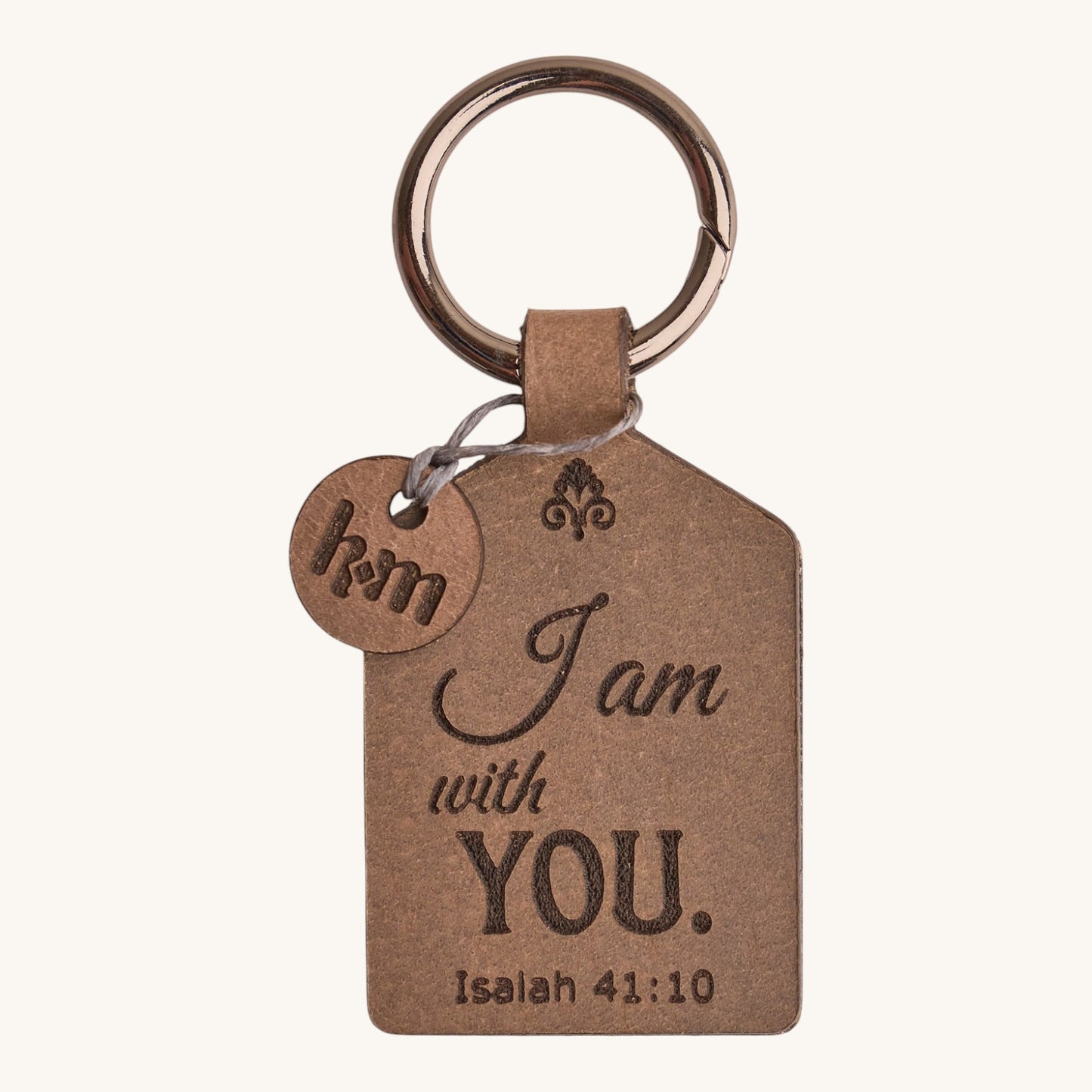 Holy Matters handcrafted vegetable-tanned leather keychain tag engraved with Isaiah 41:10 Scripture