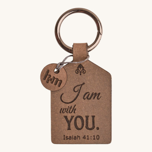 Holy Matters handcrafted vegetable-tanned leather keychain tag engraved with Isaiah 41:10 Scripture