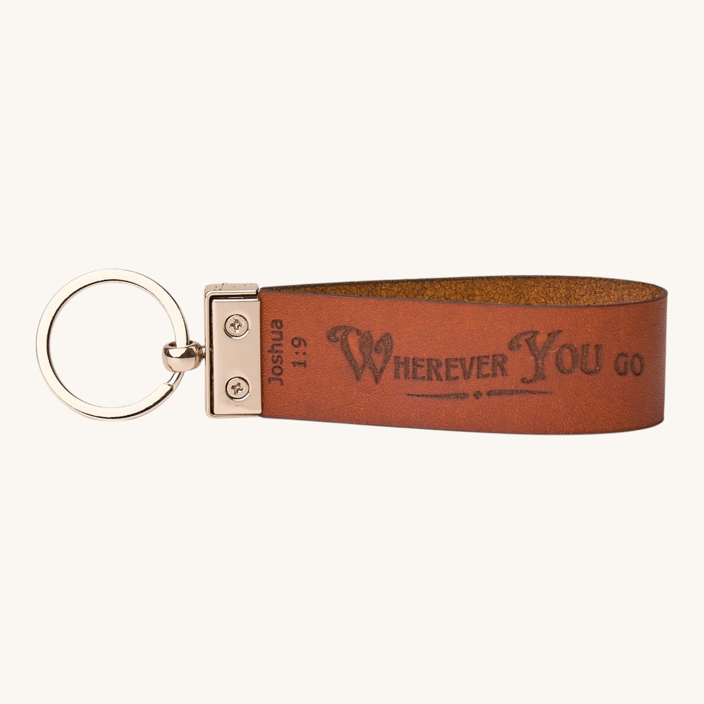Holy Matters handcrafted vegetable-tanned leather keychain engraved with Joshua 1:9 scripture