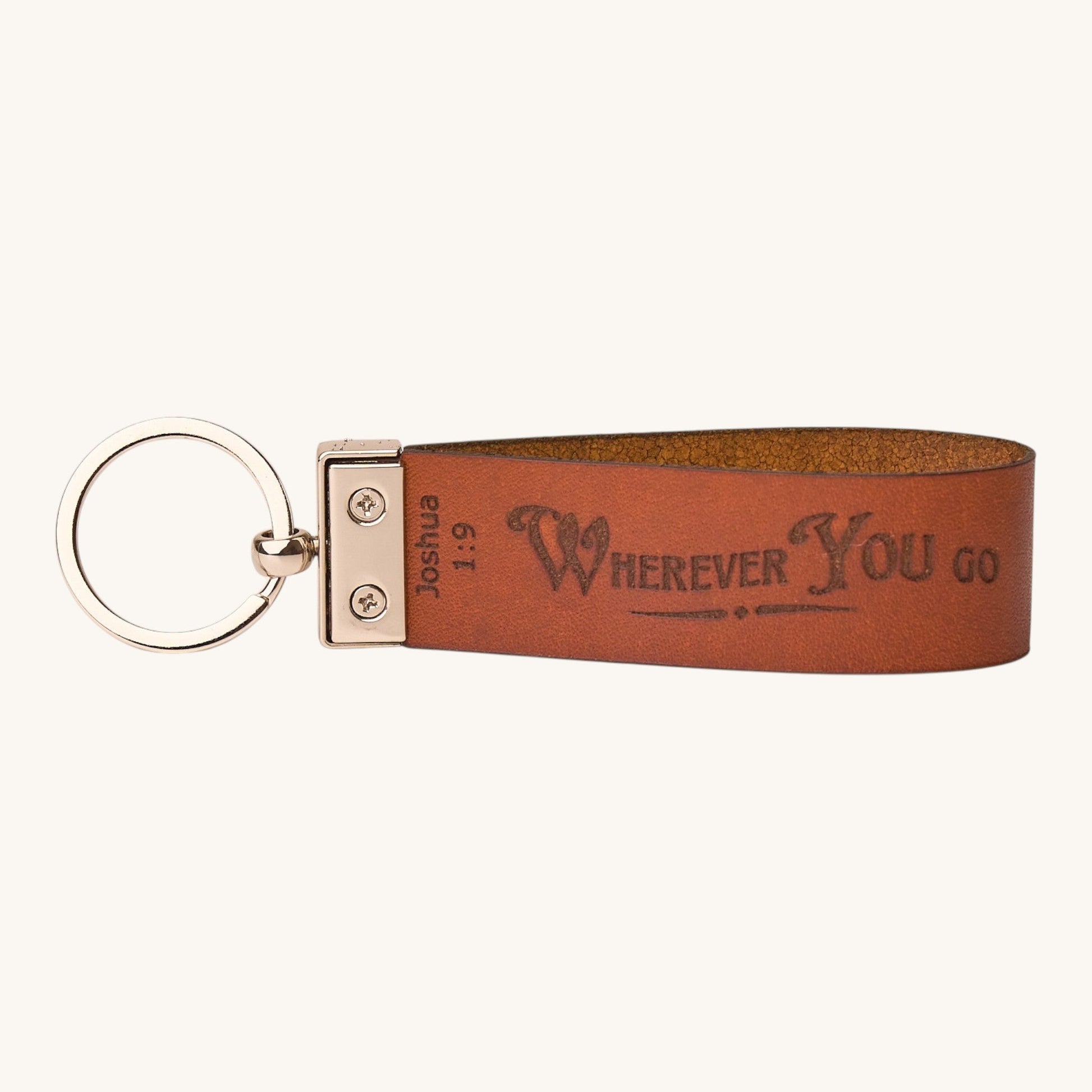 Holy Matters handcrafted vegetable-tanned leather keychain engraved with Joshua 1:9 scripture