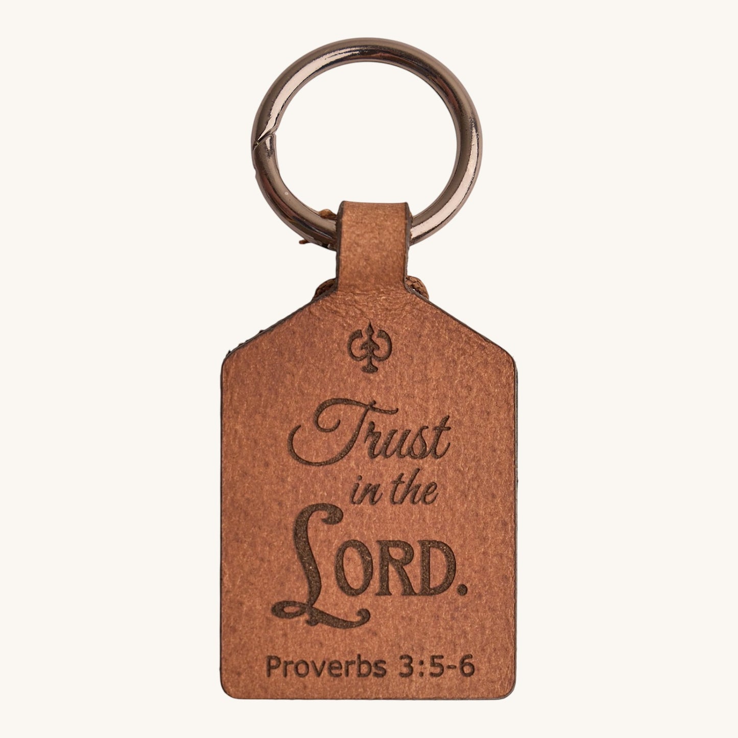 Holy Matters handcrafted tan vegetable-tanned leather keychain engraved with Proverbs 3:5-6 scripture