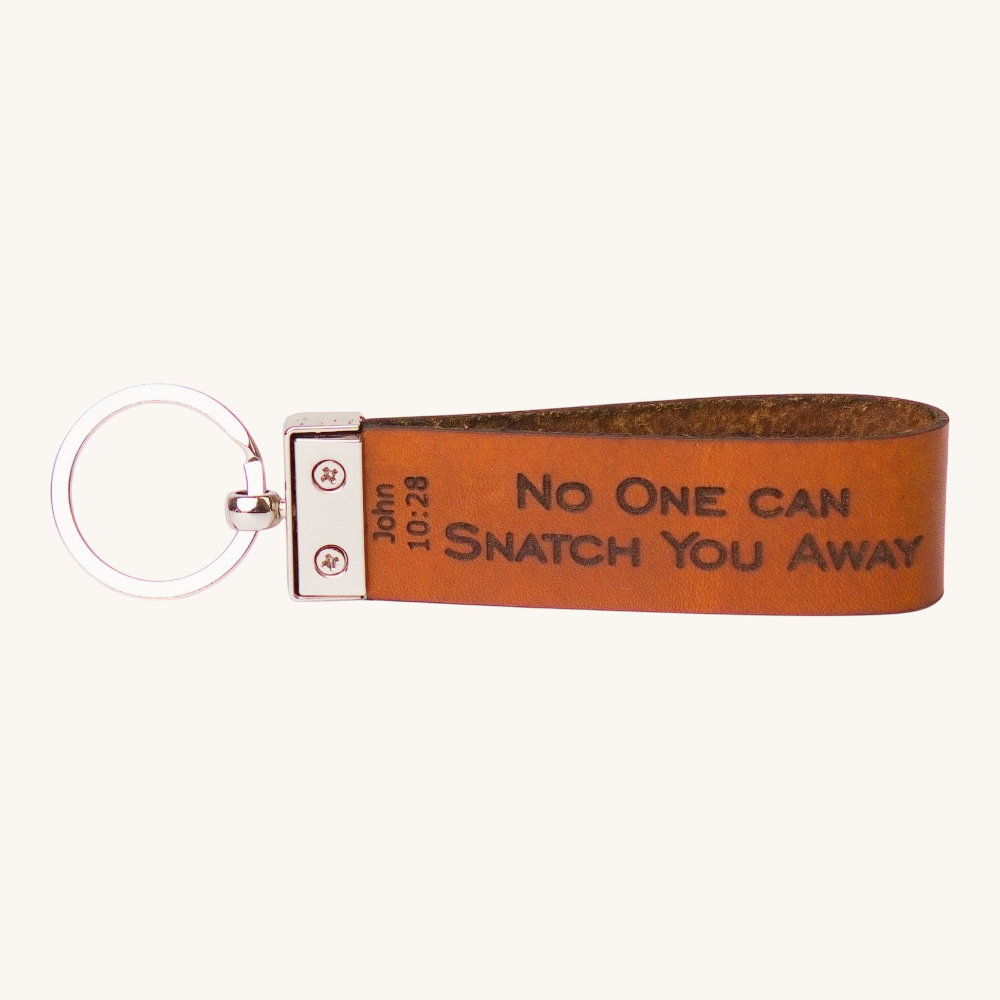 Holy Matters handcrafted vegetable-tanned leather keychain engraved with John 10:28 scripture