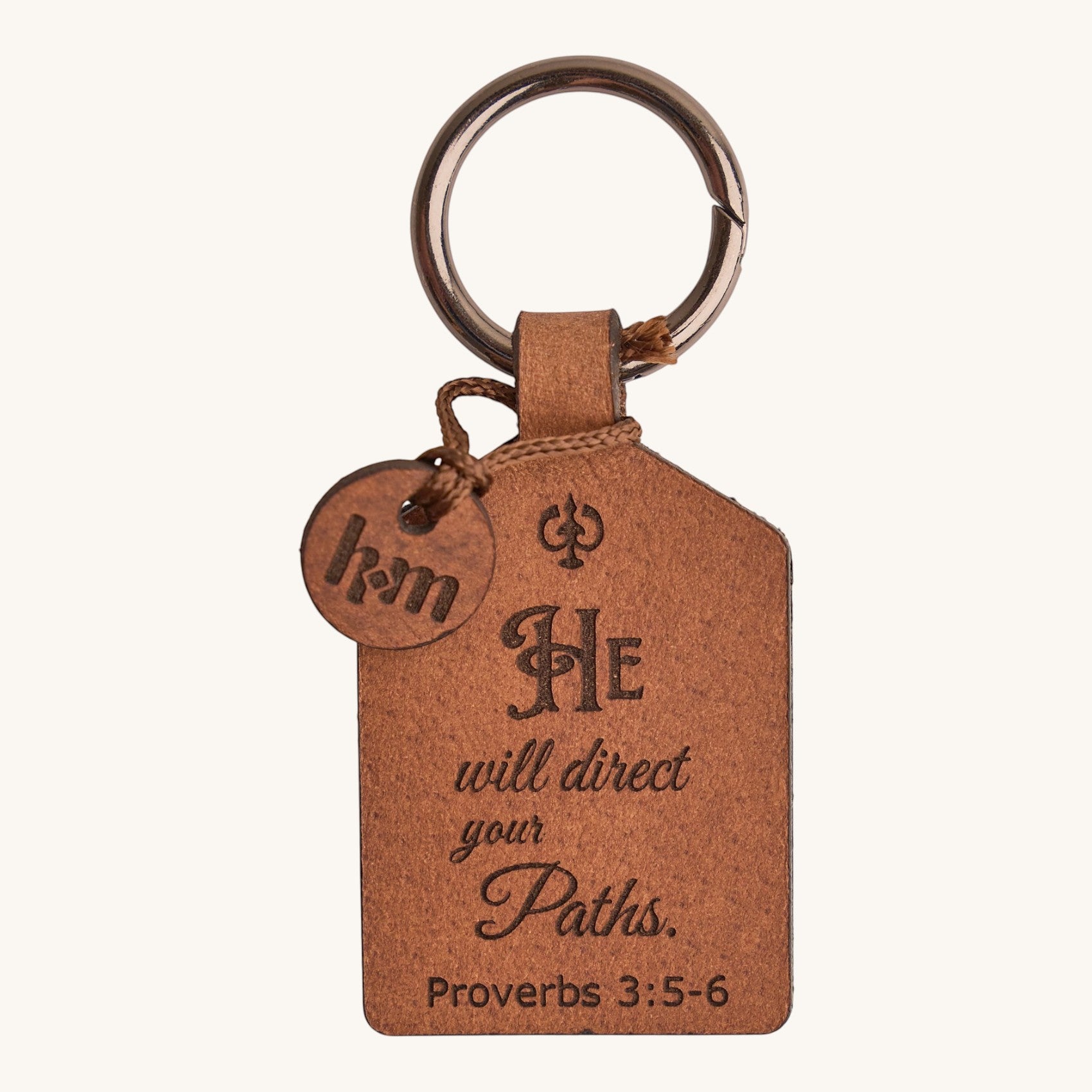 Holy Matters handcrafted vegetable-tanned leather keychain tag engraved with Proverbs 3:5-6 scripture