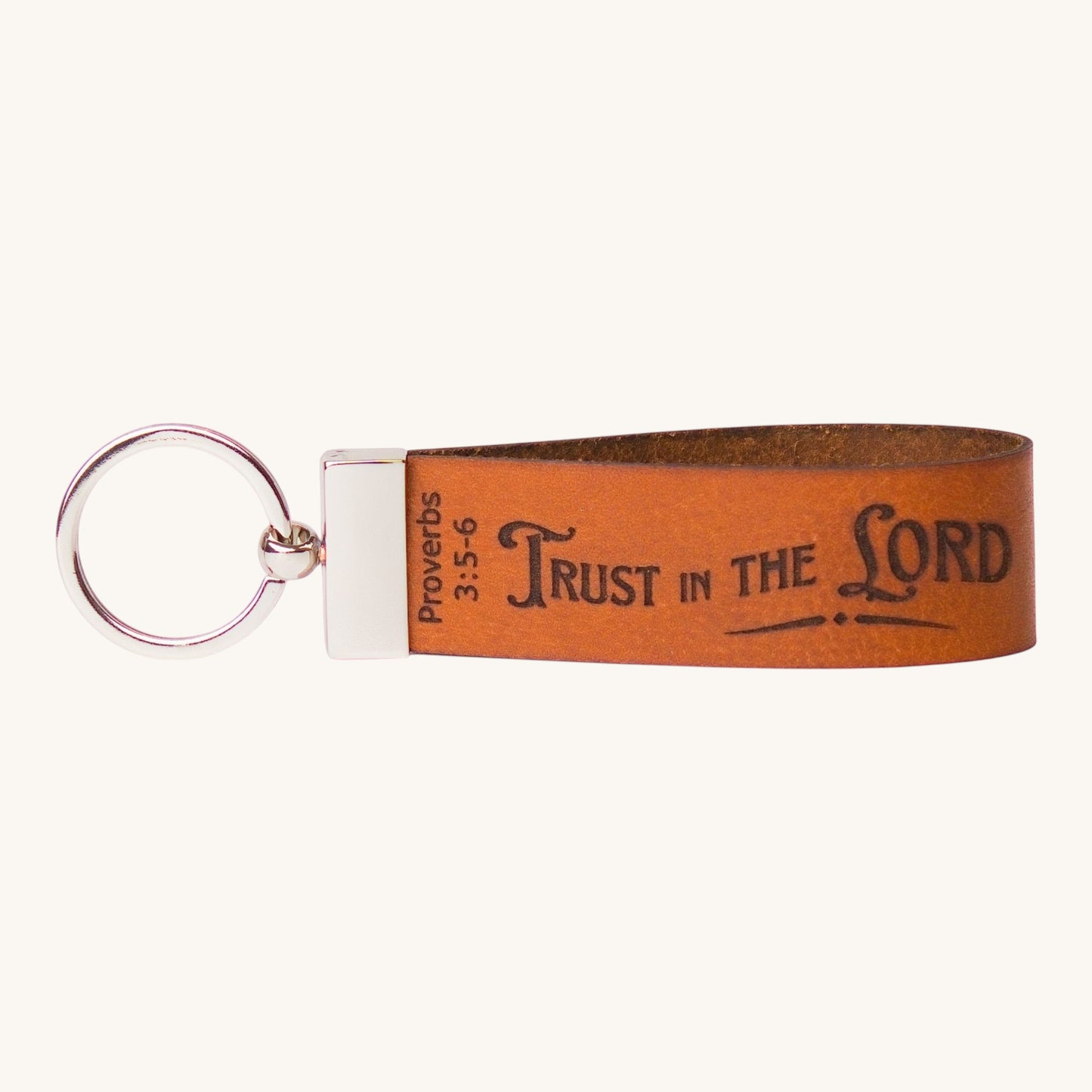 Holy Matters handcrafted vegetable-tanned leather keychain engraved with Proverbs 3:5-6 Trust in the Lord scripture