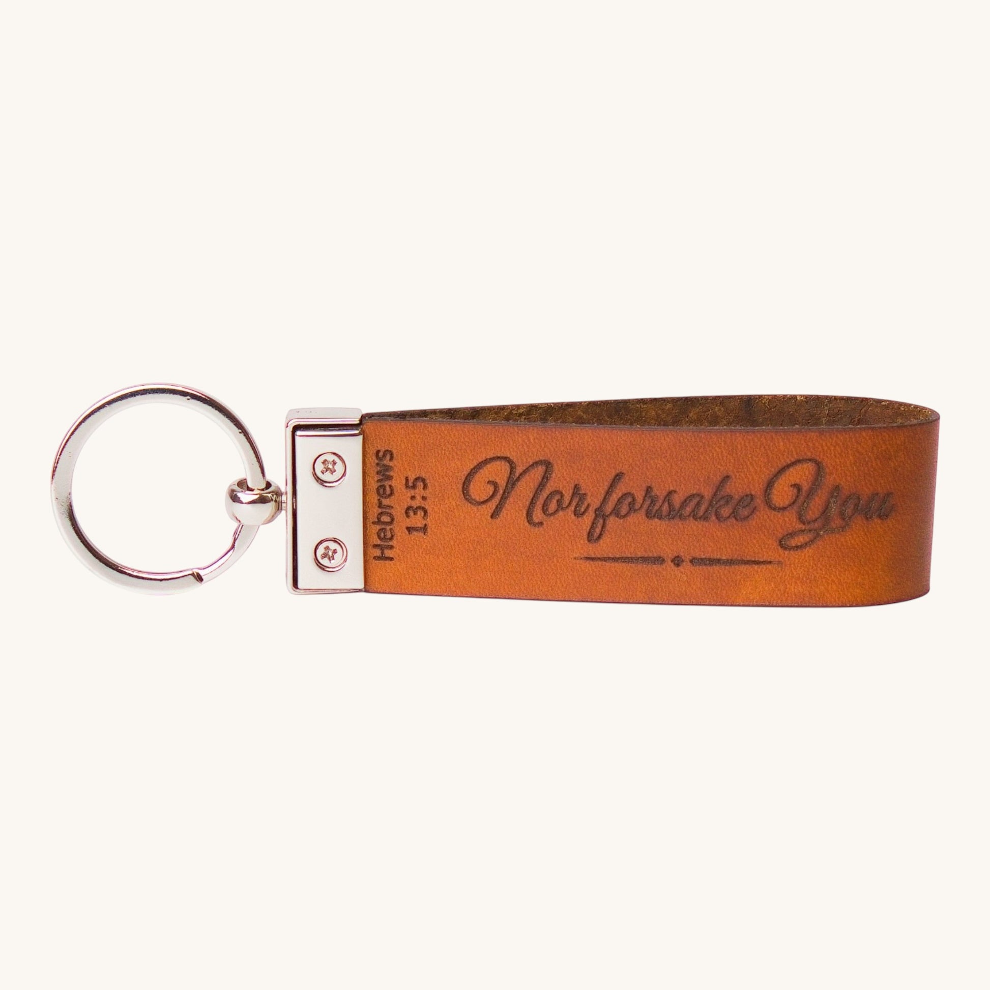 Holy Matters vegetable-tanned leather keychain engraved with Hebrews 13:5 Nor forsake you scripture
