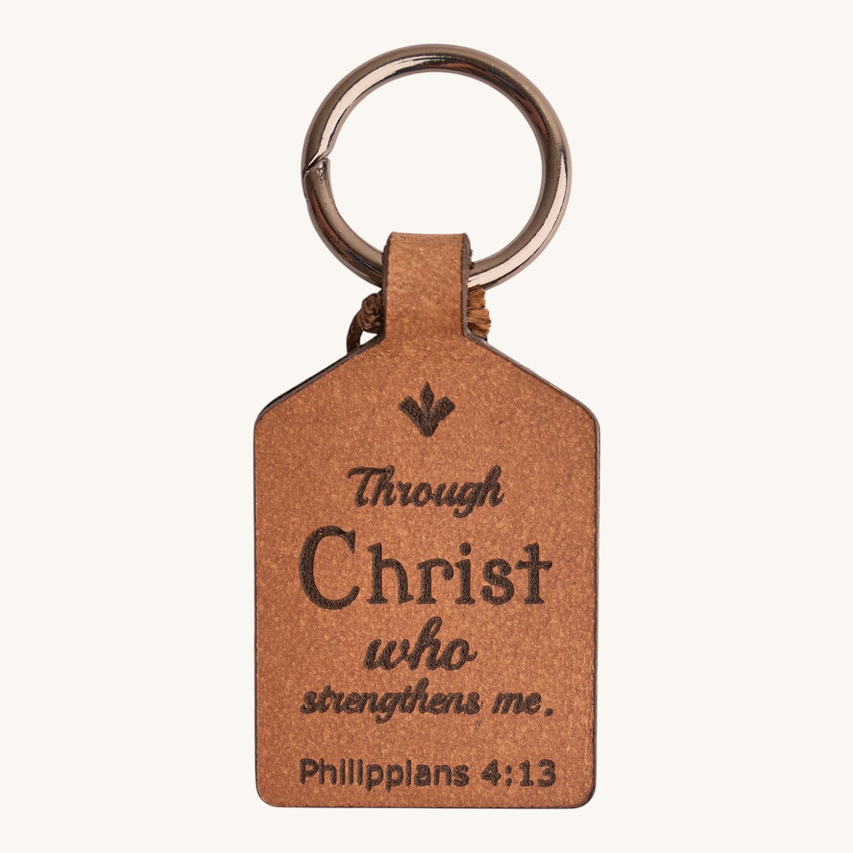 Holy Matters handcrafted vegetable-tanned leather keychain engraved with Philippians 4:13 scripture